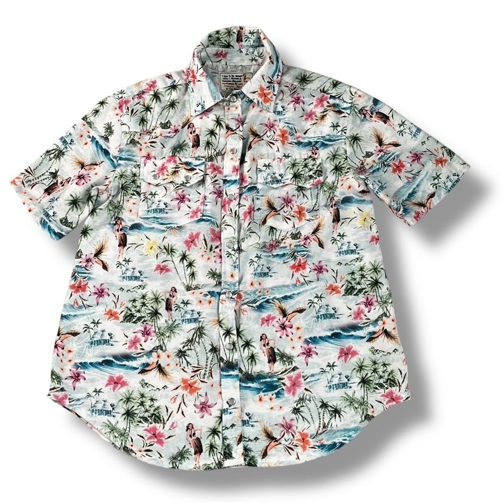 Free People Sandrine Rose Hawaiian Shirt Peal Snap Hula Girl Tropical Small